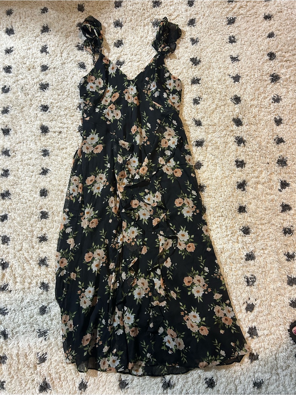 Old Navy Black Maxi Dress with Beige and White Floral Print